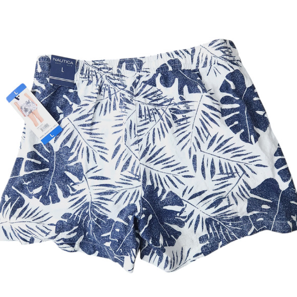 NEW Nautica Linen Blend Palm Print Shorts Large Blue White Summer Resortwear - Picture 2 of 3